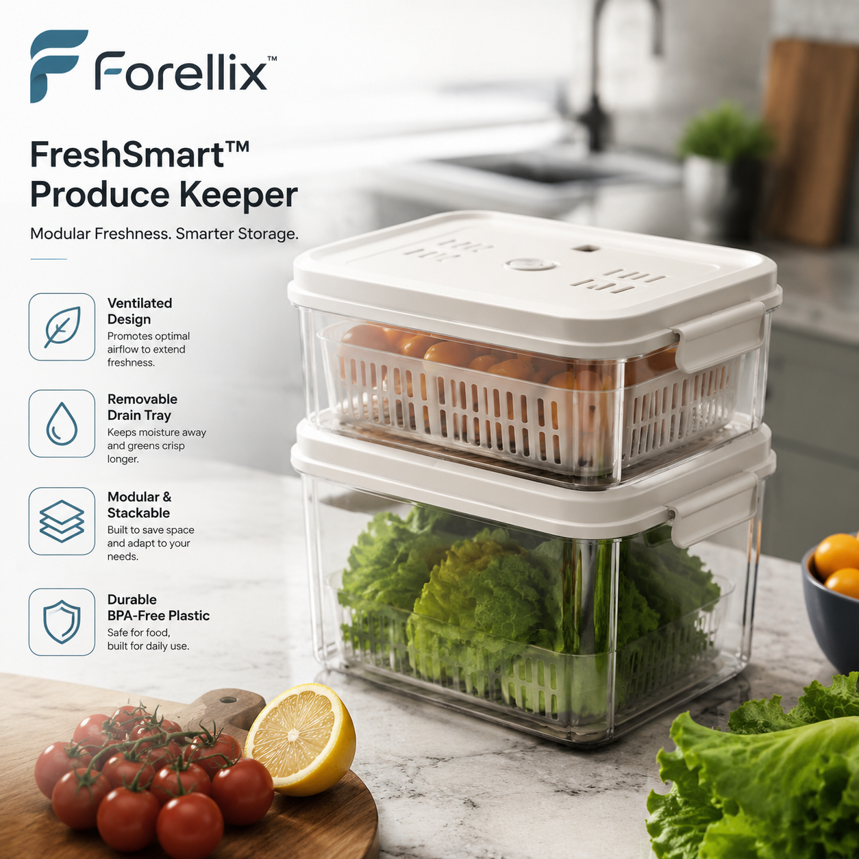 Forellix™ FreshSmart Produce Keeper – Modular Freshness Storage Container