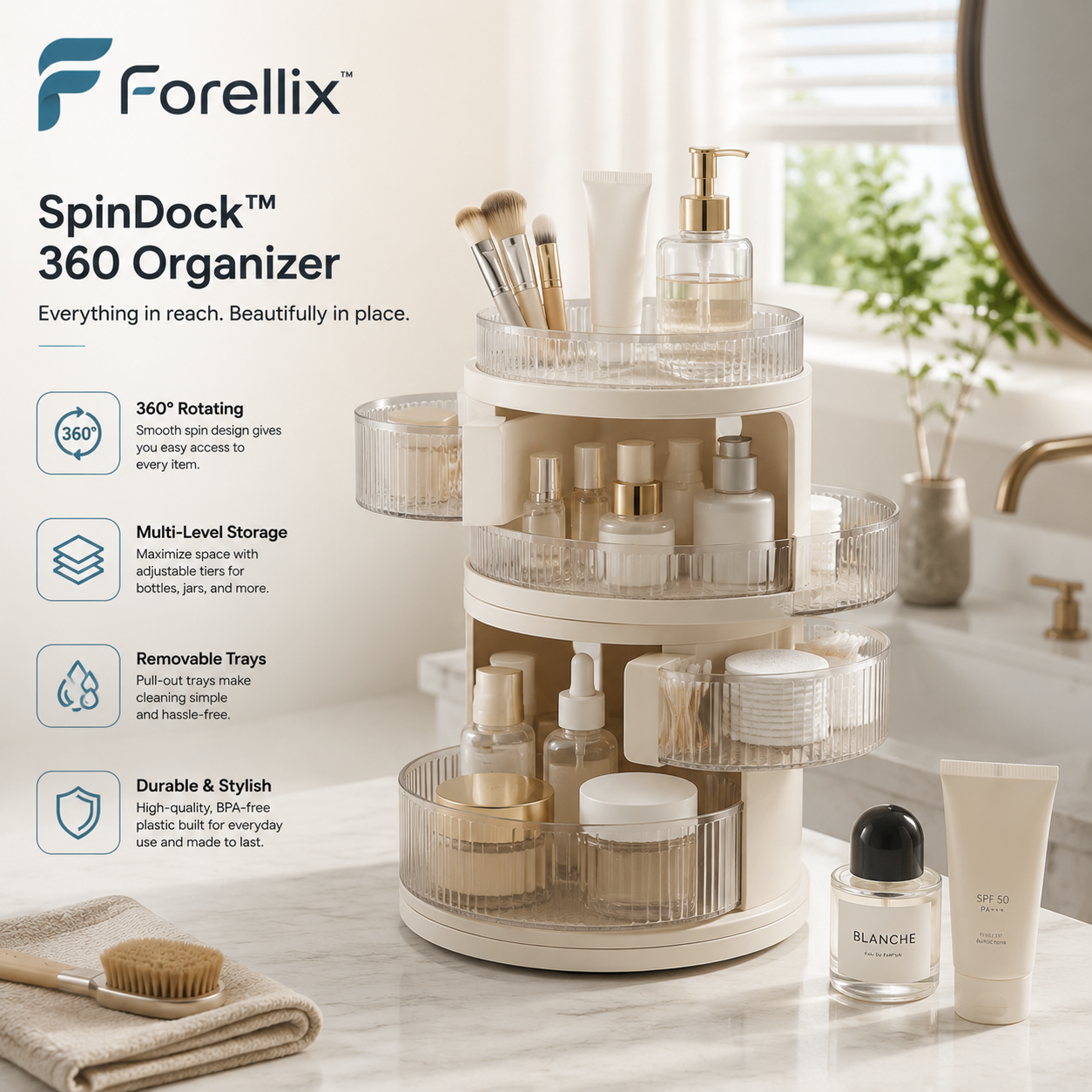 Forellix™ SpinDock 360 Organizer – Rotating Beauty & Bathroom Storage Tower