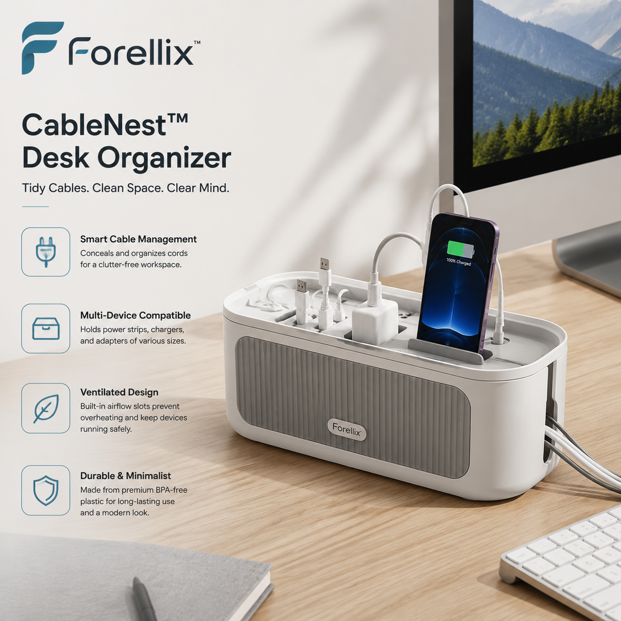 Forellix™ CableNest Desk Organizer – Smart Cable Management Station