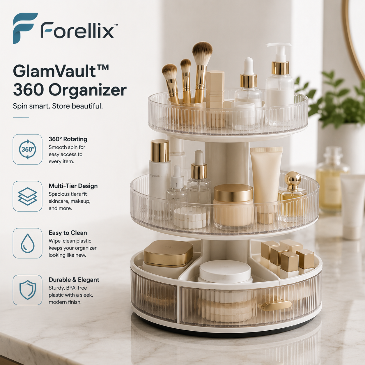 Forellix™ GlamVault 360 Organizer – Rotating Beauty & Skincare Storage Tower