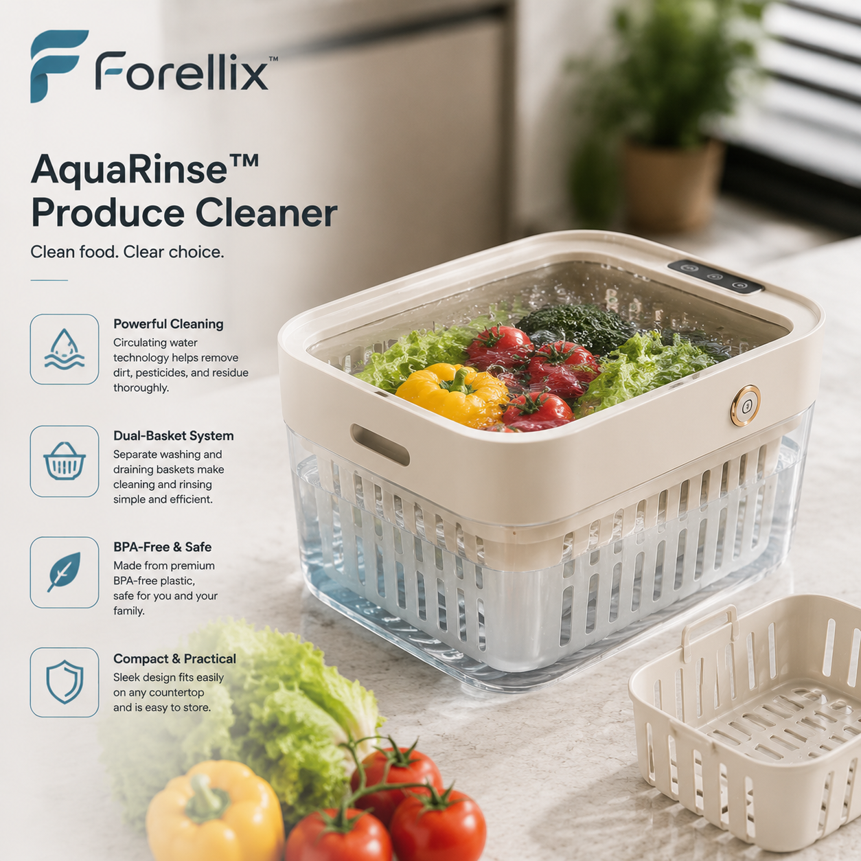 Forellix™ AquaRinse Produce Cleaner – Smart Fresh Food Washing Station