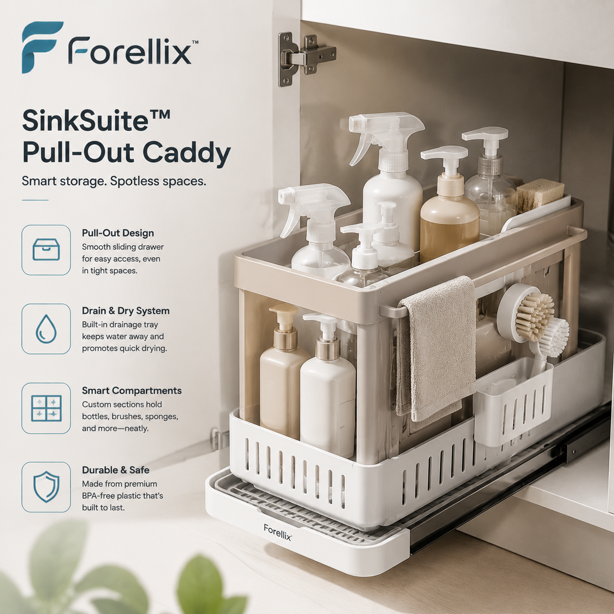 Forellix™ SinkSuite Pull-Out Caddy – Under Sink Sliding Storage Organizer