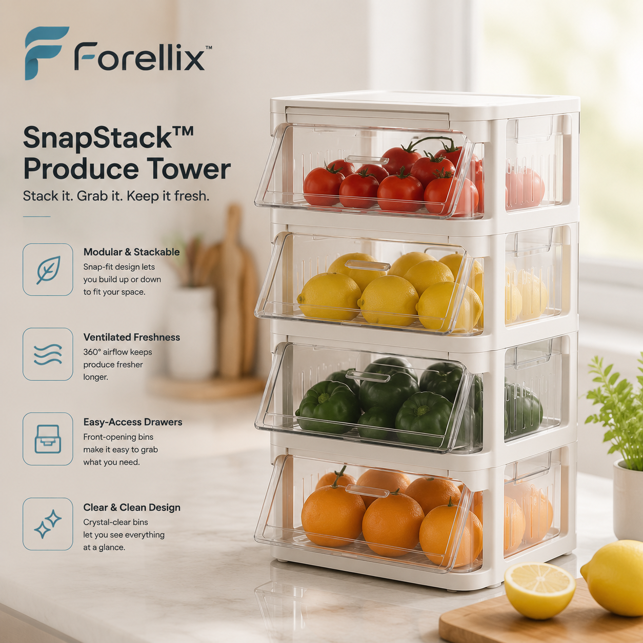 Forellix™ SnapStack Produce Tower – Modular Fresh Food Storage System